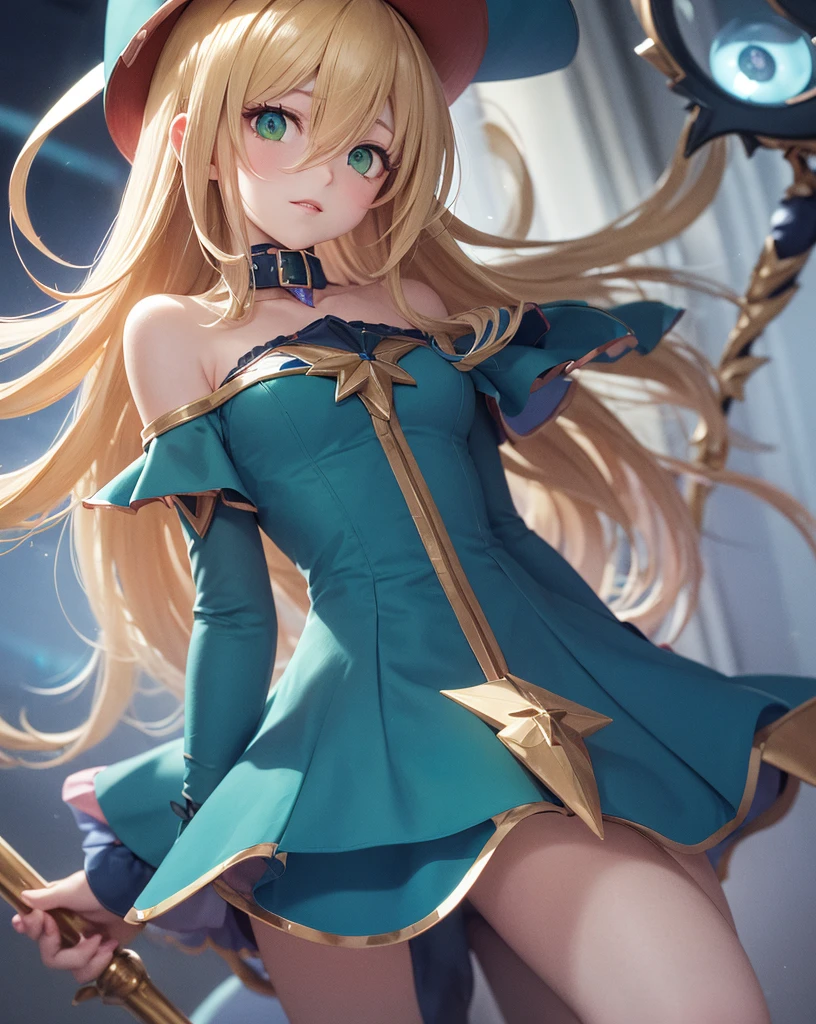 Yu-Gi-Oh Dark Magician Girl,Dark Magician Girl, dark magical girl, Wearing layered hats,Staff in hand,blonde hair, collar, (green eyes:1.5), long hair, rest bare shoulders, blue footwear, blush, blush stickers, split, clavicle, duel monsters, have, Off the shoulders, five-pointed star, wizard have, (blue clothes:1.5),, rest looking at viewer, rest outdoors, City, rest (masterpiece:1.2), best quality, high resolution, unified 8k wallpaper, (illustration:0.8), (Beautiful and delicate eyes:1.6), extremely detailed face, perfect lighting, Extremely detailed CG, (perfect hands, perfect anatomy),