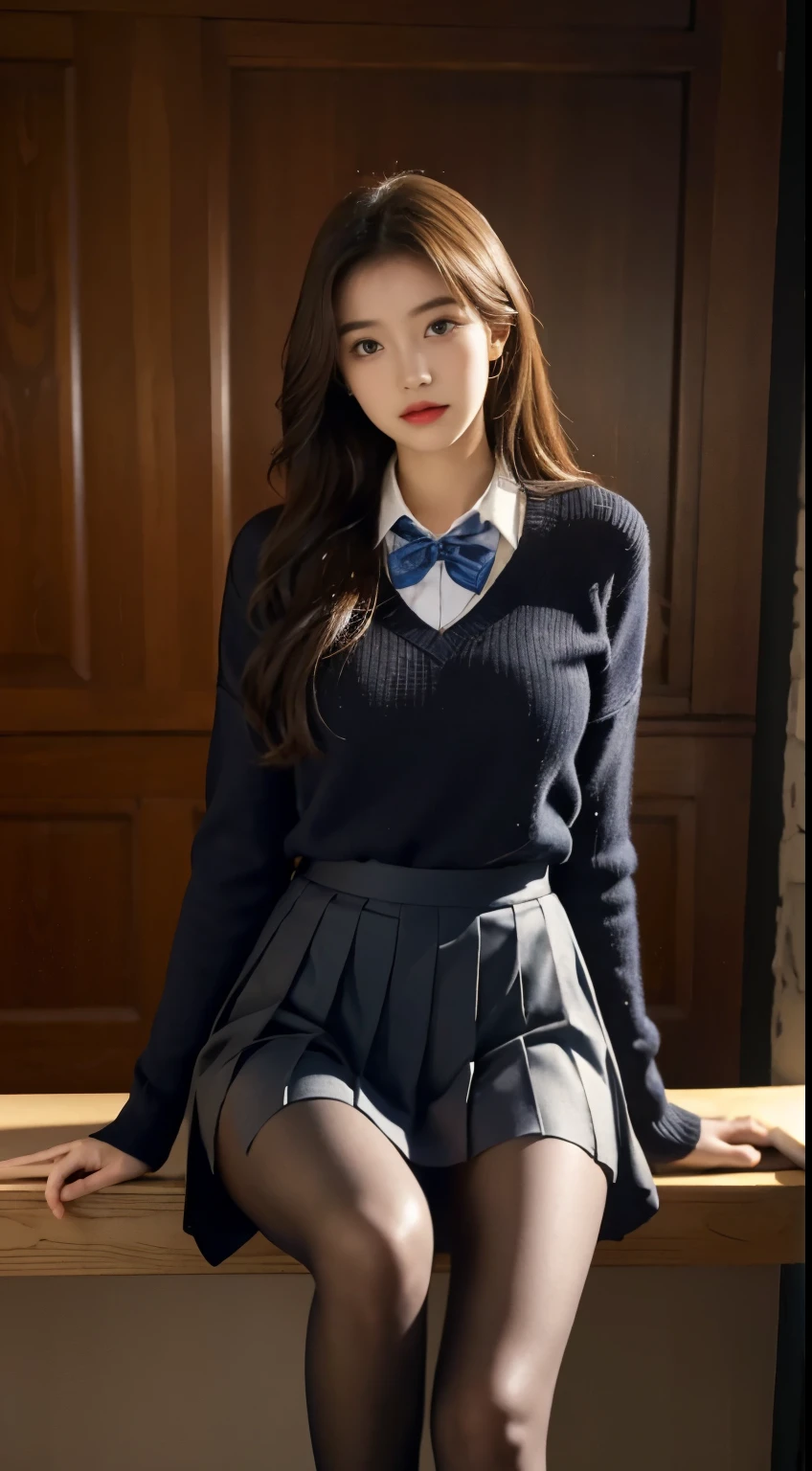 best quality, masterpiece, high resolution,8k,(realistically:1.4),超high resolution,1 girl, Super detailed, Surreal, Very detailed CG illustrations, official art, light, actual, young beautiful girl, Perfect body, Perfect body, Full view, Perfect body, (start from below:1.3), 的posture, Sexy long legs, knitwear,confident, Beautiful and sexy, student school uniform,a blue tie,bow tie, A-line pleated skirt,Kurfo, S-shaped body, Cocked buttocks,placed in a,posture,Different perspectives