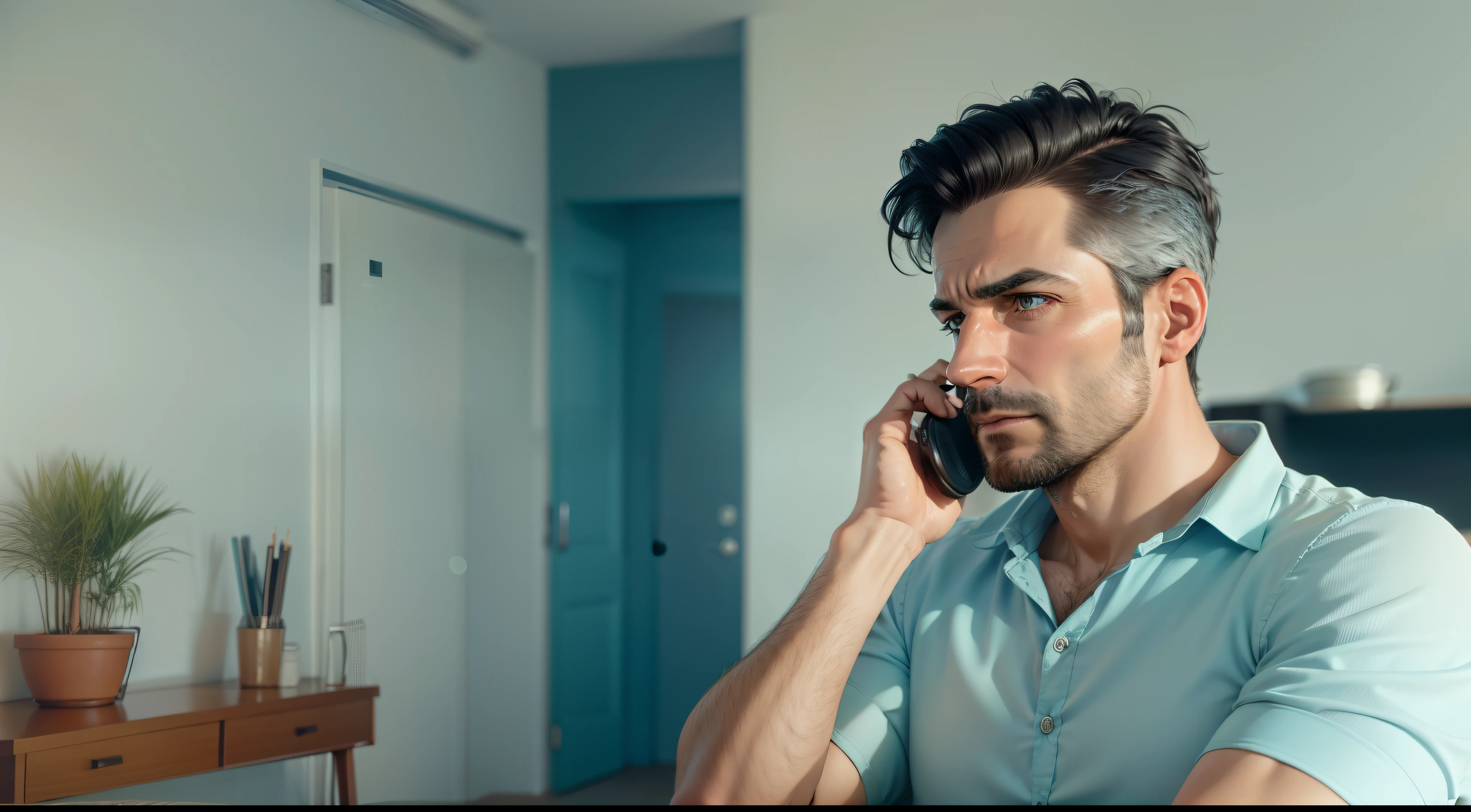 Imagem 8K ultra realista de um homem de 37 anos, cabelo preto curto, vestida com uma blusa azul, falando no telefone, Serious expression in a simple apartment
