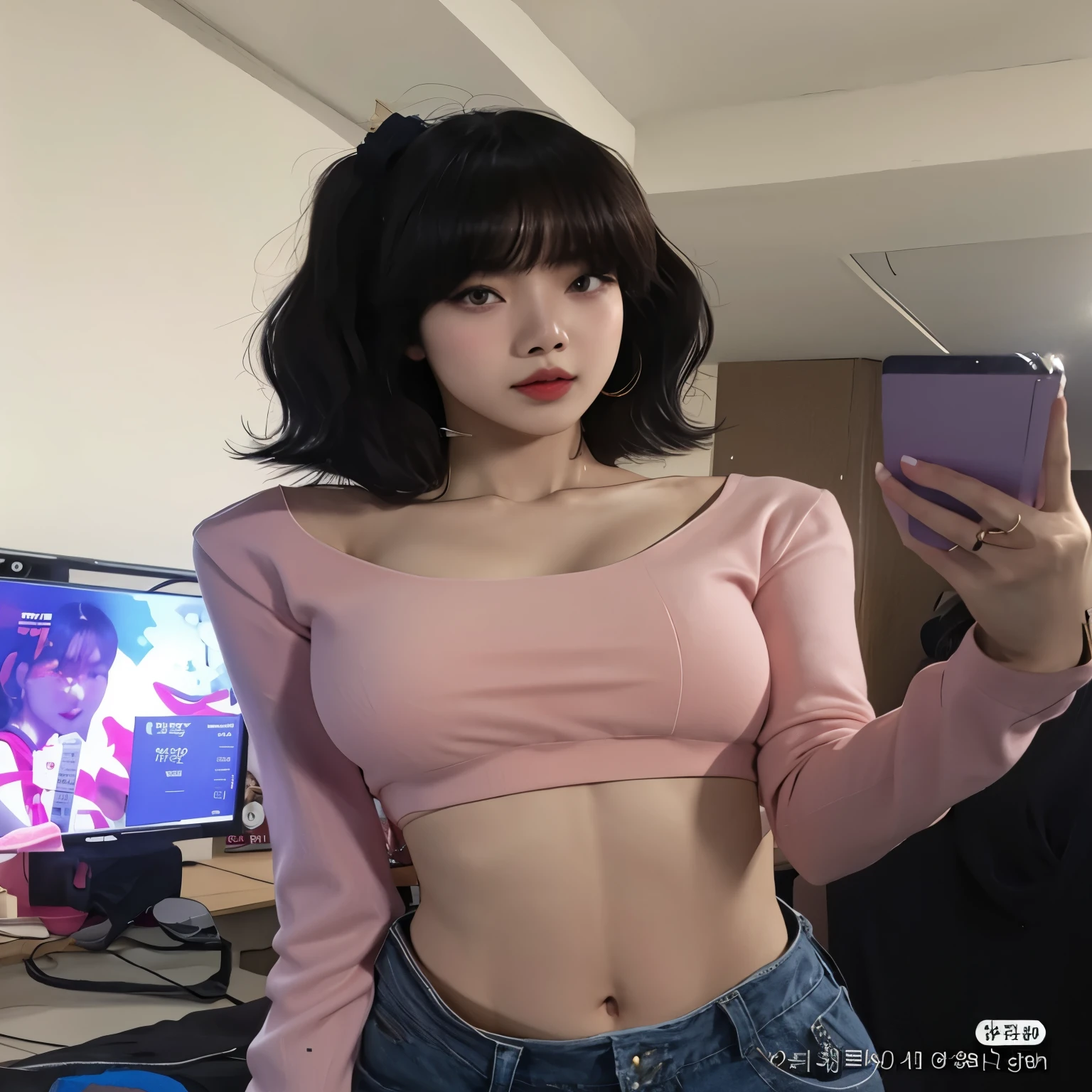 araffe asian woman in a pink top taking a selfie, korean girl, photo of slim girl, gorgeous young korean woman, 2 4 year old female model, beautiful south korean woman, wearing a sexy cropped top, wearing crop top, beautiful young korean woman, korean woman, tight shirt, photo of slim girl model, Lalisa Manobal of Blackpink.