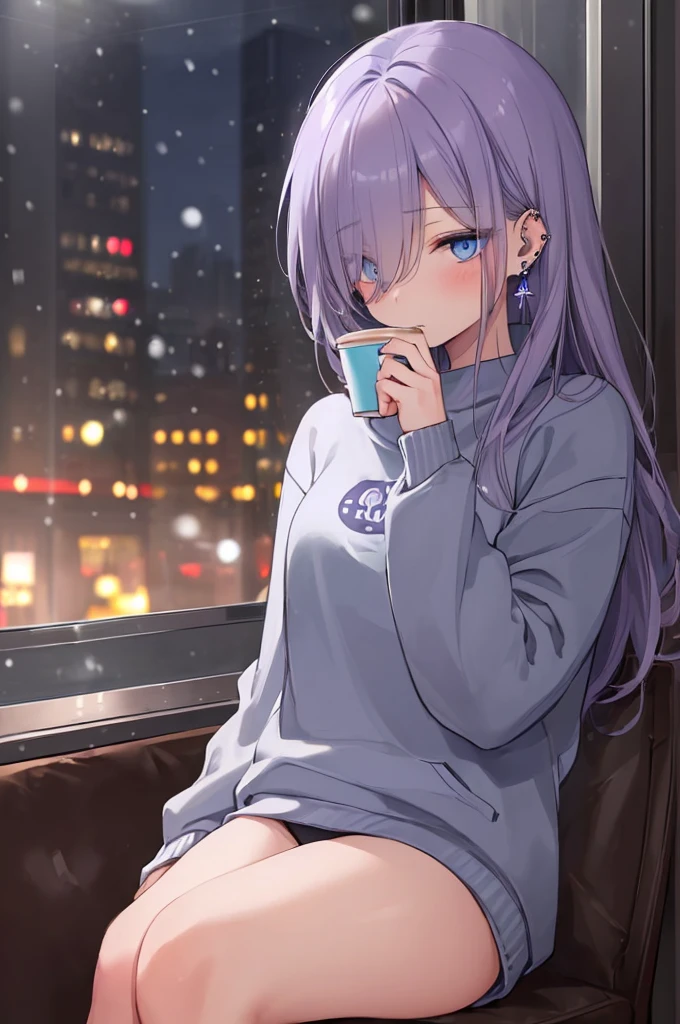 ((masterpiece:1.4, best quality:1.2)), 1girl, solo focus, beautiful skin, blush, grey sweatshirt, long Violet hair, blue eyes, sitting, earrings, Hands piercing, coffee shop window, night, snowing, cityscape, tall female, beautiful and delicate female, comfy ambience, {detailed background}, hair over one eye, shy, sexy female genitalia