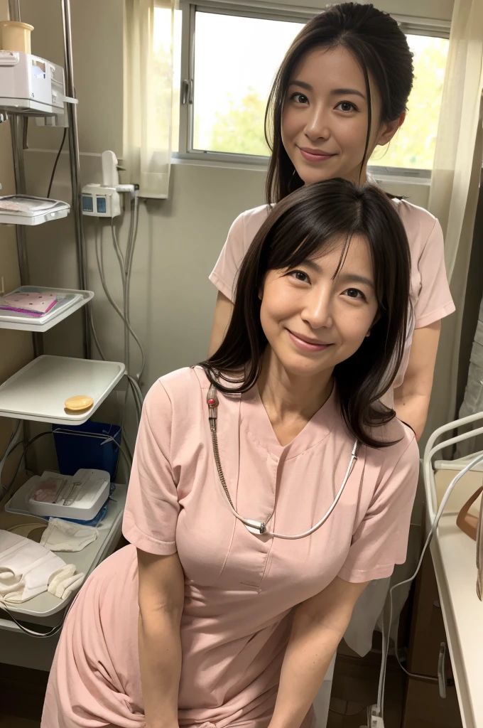 masterpiece, best quality, 16K, hospital, old woman, interior photo, glad, smiling, standing, front view, long hair, ponytail, black hair, eyes open, freckled skin, wrinkles skin, pale skin, plump, nurse, beauty mark, 50-year-old, old, elderly, japanese, inside, in the hospital, in the afternoon, real person, ultra realistic photo, nsfw, full body shot, from front, front view
