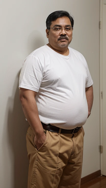 Fat malay oldman with indian looks, fat body, obese, double chin, full white moustache, full white short hair, he is about 90 years old, standing