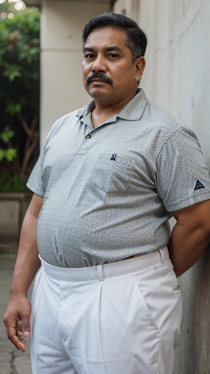 Fat malay oldman with indian looks, fat body, obese, double chin, full white moustache, full white short hair, he is 80years old, standing