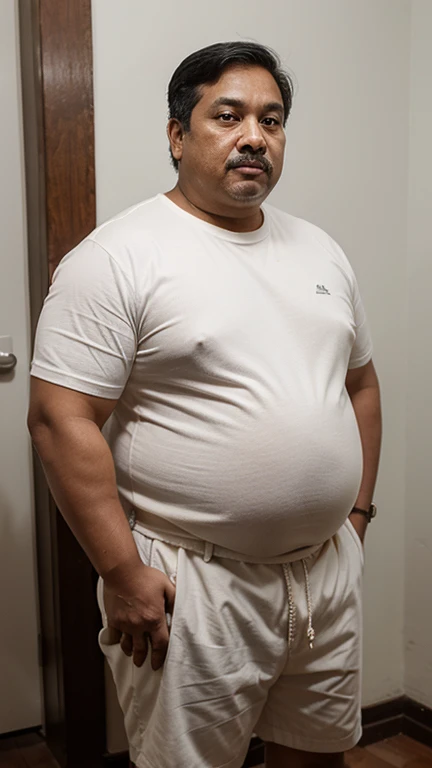 Fat malay oldman with indian looks, fat body, obese, double chin, full white moustache, full white short hair, he is 80years old, standing