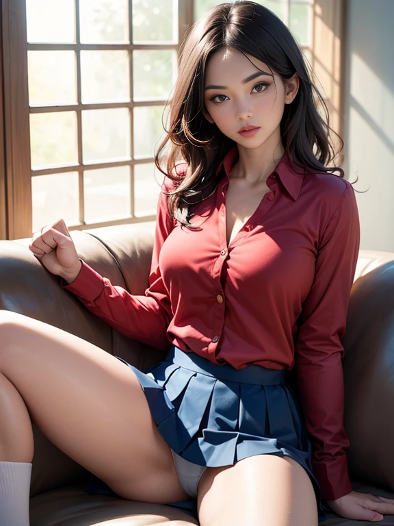 (best quality, 8k, highres, photorealistic:2.0), (solo, one girl:2.0),(lighting: strong),(lighting: front),(very muscular girl:2.0),(bodybuilder girl:1.5),(shiny skin:1.5),(brown hair color:1.5),(Bend your legs and open your thighs:1.8),(black loafers:1.5),(light blue blouse:1.6),(collar blouse:1.2),(long sleeve light blue blouse:1.3),((tight blouse:1.7)),(Emphasize cleavage),(short socks),(white socks:1.1),((blue pleated skirt)),((blue skirt)),((Wearing cute white panties)),((Girl leaning on an old leather sofa)), very beautiful Japanese girl, Blush brown makeup , dark eye makeup,(Hold your loosely clenched fist in front of your face:1.6),(open mouth),(stick out tongue)