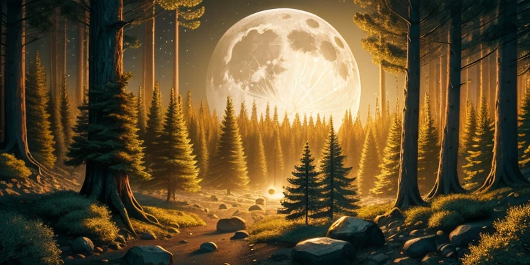wood々A picture of a full moon rising above a forest full of trees., forest and moon, The moon shines a golden light, moonlit forest environment, The moon shines brightly, yellowish full moon, moon landscape, moonlit forest, Realistic moon in background, sandy white moon landscape, fantasy forest landscape, 4K high-definition digital art, an image of a moonlit forest　orbs fly around