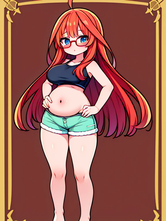 (Very high quality, detailed) An image of a full body pregnant girl with a round belly, long hair, very big breasts, bubble butt and pretty thick body. She's standing barefoot with her hands on her belly. She's wearing a crop top, very thight shorts, glasses.