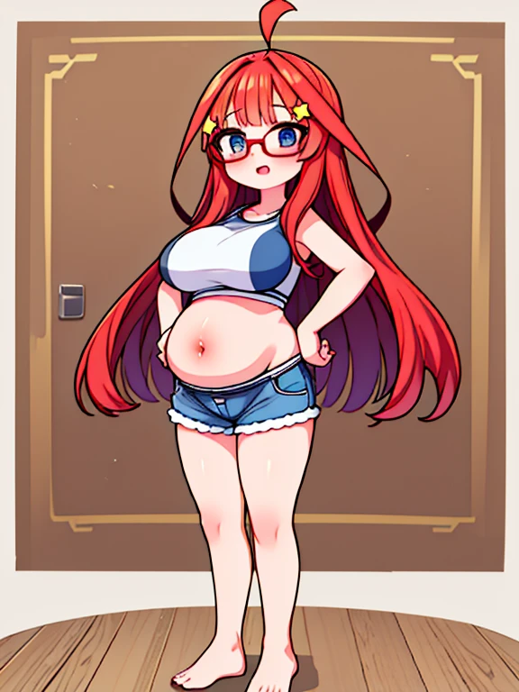 (Very high quality, detailed) An image of a full body pregnant girl with a round belly, long hair, very big breasts, bubble butt and pretty thick body. She's standing barefoot with her hands on her belly. She's wearing a crop top, very thight shorts, glasses.