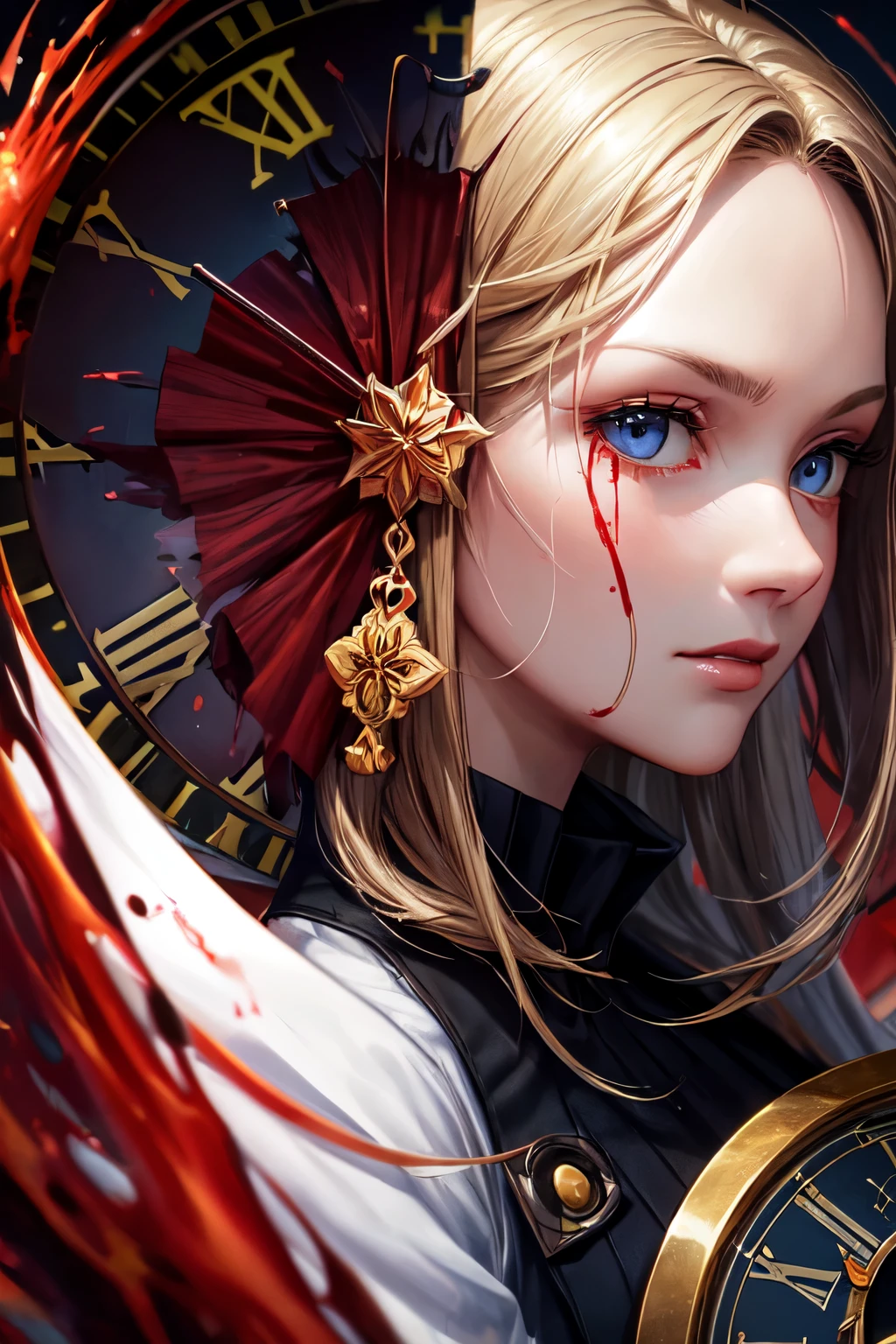 ((best quality)), ((masterpiece)), (detailed), perfect face, bloody, clock, Create a portrait image for a character with the name Baron who is evil in a game called Blood on the Clock