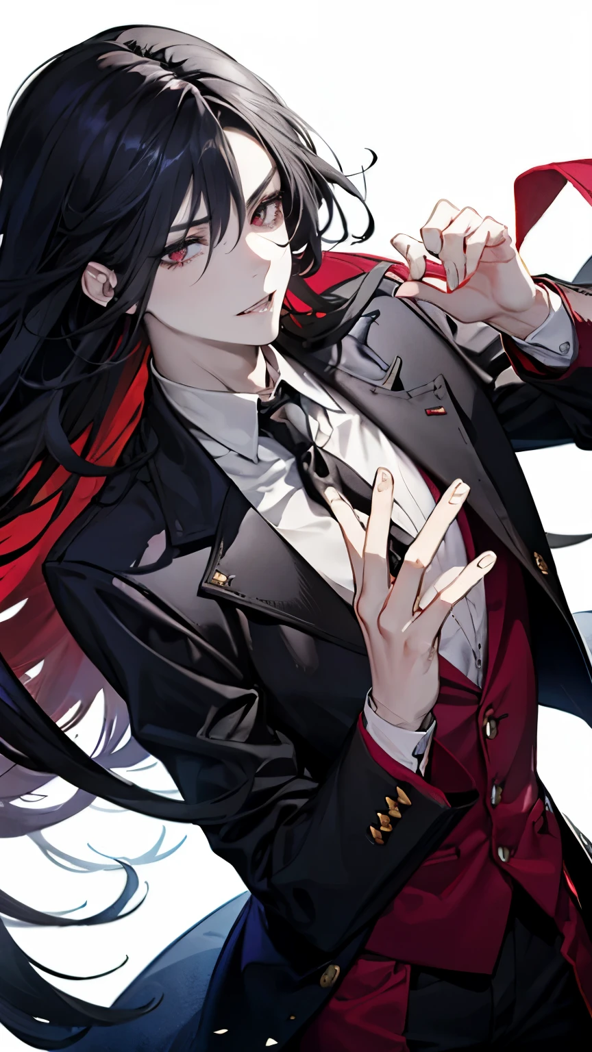 Only 1 man, Very handsome man, black hair with long hair, red eyes, wear black suit and black wings