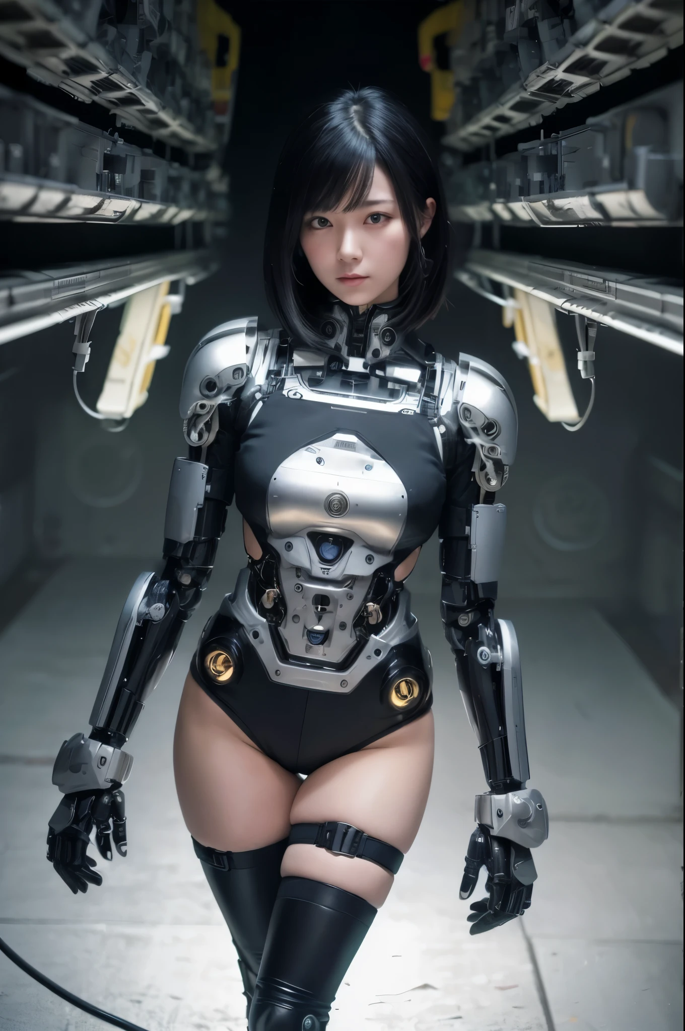 masterpiece, best quality, extremely detailed, Japaese Cyborg girl,Plump , control panels,android,Droid,Mechanical Hand, Robot arms and legs, Black hair,Blunt bangs,perfect robot girl,long tube,thick cable connected her neck,android,robot,humanoid,cyborg,japanese android woman ,future laboratory,connecting a cable between the legs,hotpants,darkblack knee high socks,