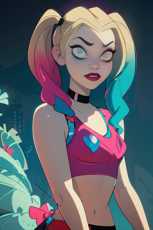 (Harley Quinn, harleyquinn:1.0), blonde pigtails with blue and pink ends, blue eyes, red lipstick, pink and blue eye shadow, heart on cheek, red and black crop top tank top, red and black bottoms, sneakers with pom pom, black necklace, pale white skin, (Cowboy-shot:1.2),neon lighting, dark romantic lighting, (highly detailed:1.2),(detailed face:1.2), (gradients), colorful, detailed eyes, (detailed landscape:1.2), (natural lighting:1.2),(detailed background),detailed landscape, (dynamic pose:1.2), close up, full body, waist up 