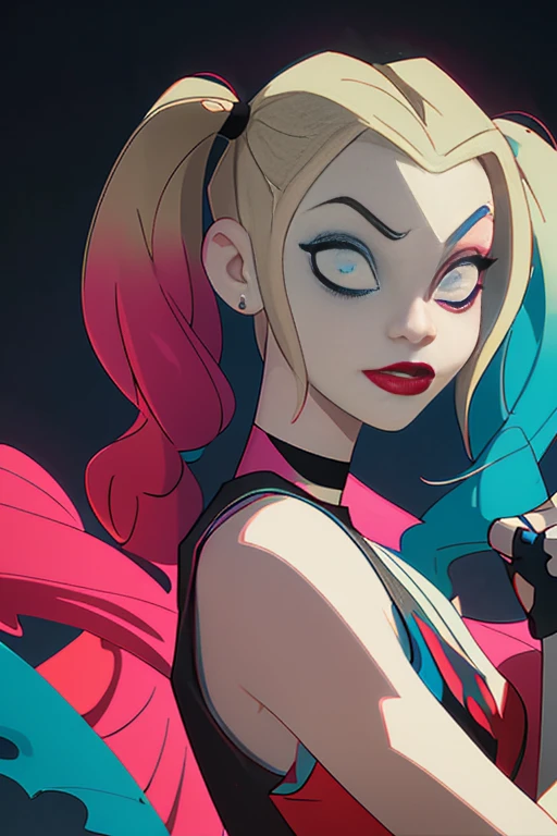 (Harley Quinn, harleyquinn:1.0), blonde pigtails with blue and pink ends, blue eyes, red lipstick, pink and blue eye shadow, heart on cheek, red and black crop top tank top, red and black bottoms, sneakers with pom pom, black necklace, pale white skin, (Cowboy-shot:1.2),neon lighting, dark romantic lighting, (highly detailed:1.2),(detailed face:1.2), (gradients), colorful, detailed eyes, (detailed landscape:1.2), (natural lighting:1.2),(detailed background),detailed landscape, (dynamic pose:1.2), close up, full body, waist up 