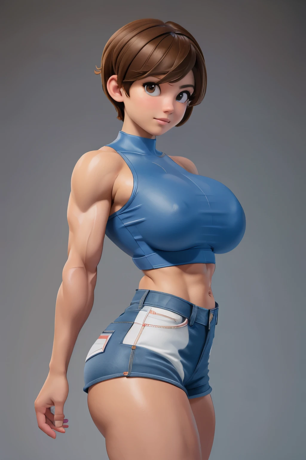 (high resolution,overwhelmingly pixel-perfect), (Ultra Quality, Masterpiece), breathtakingly beautiful tomboy, female, short hair, hypersexualized, massive breasts, doesn't know she's beautiful, short shorts, boob window, thick, full backside, ((((huge muscles))))