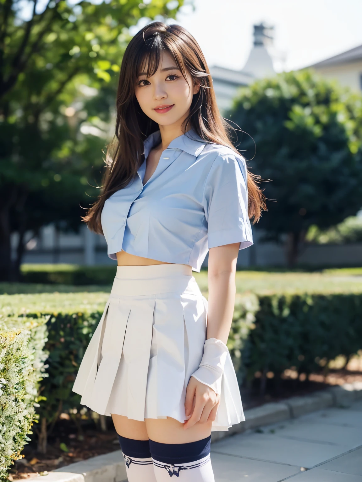 ((((highest quality))))、(((Ultra-precision CG16K wallpaper)))、(((masterpiece)))、(((Super detailed)))、(((super extreme details)))、1people's women、mature woman、25 year old woman、((Japanese face))、((very beautiful face))、((NHK Announcer、Yurika Kawaguchi:1.5))、((straight semi-long hair:1.3))、(shiny hair)、bangs up to eyebrows、beautiful brown hair、beautiful delicate eyes、brown eyes、C-shaped eyebrows、high nose、small nostrils、small mouth、seductive lips、mouth slightly open、beautiful breasts、C cup size breasts、plump body、perfect proportions、perfect anatomy、perfect composition、beautiful detailed shading、beautiful natural lighting、beautiful detail glow、Depth of bounds written、(((High chroma)))、(((real:1.9)))、((vivid:1.4))、((beautiful skin))、((skin texture))、((realな皮膚感))、(((cowboy shot:1.5)))、((Angle seen from the front:1.5))、((smile:1.4))、(Eyes looking at me:1.3)、bright sunshine、(((garden:1.3)))、(standing pose:1.5)、(((Navy blue tight crop open collar shirt、Wearing a pleated miniskirt:1.6)))、(((Wearing white knee socks:1.6)))、
