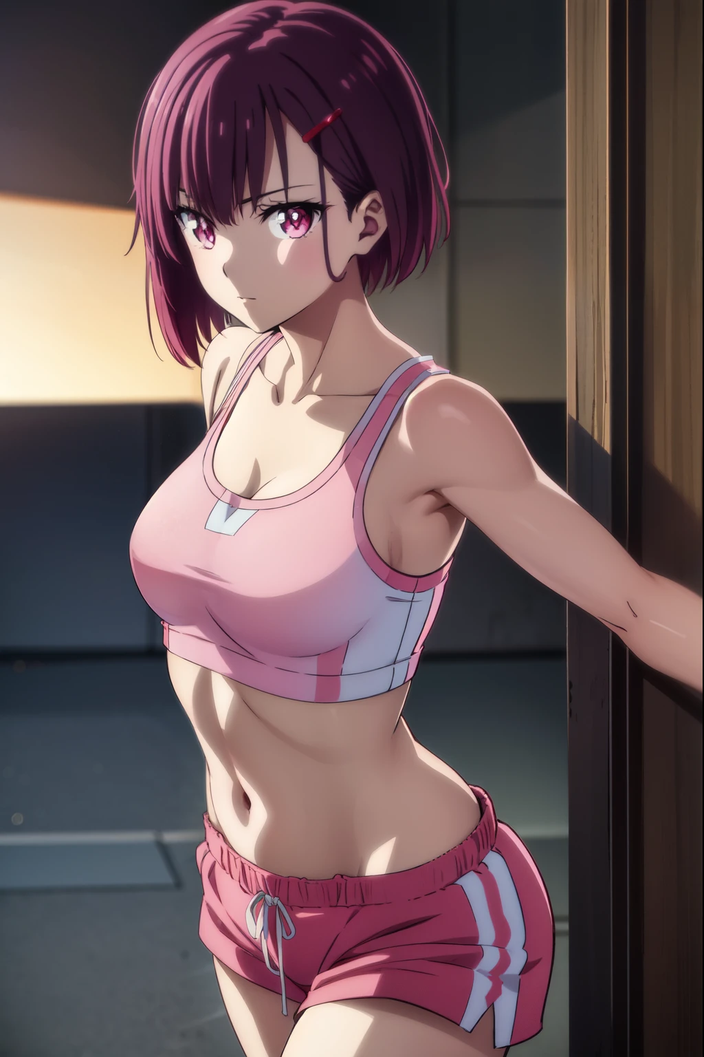 shizukamikazuki, shizuka mikazuki, short hair, purple hair, hair ornament, hairclip, (pink eyes:1.5), swept bangs,
BREAK navel, sports bra, sportswear, shorts, pink shorts,
BREAK looking at viewer,
BREAK outdoors,
BREAK (masterpiece:1.2), best quality, high resolution, unity 8k wallpaper, (illustration:0.8), (beautiful detailed eyes:1.6), extremely detailed face, perfect lighting, extremely detailed CG, (perfect hands, perfect anatomy),