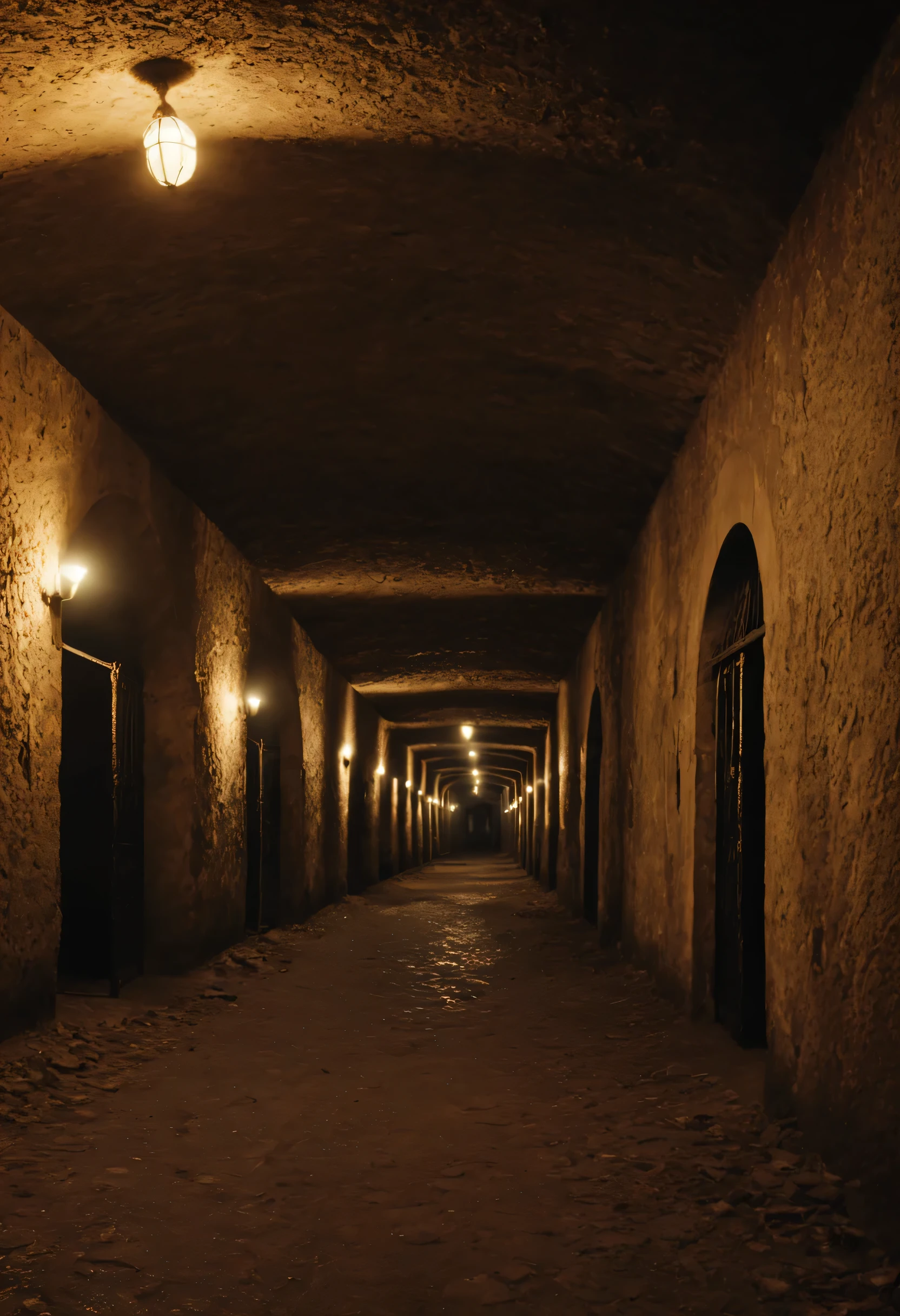 Interior of the Paris catacombs, dark and sinister lighting, the eerie atmosphere of the underground labyrinth, (best quality,8k,masterpiece:1.2),ultra-detailed,realistic