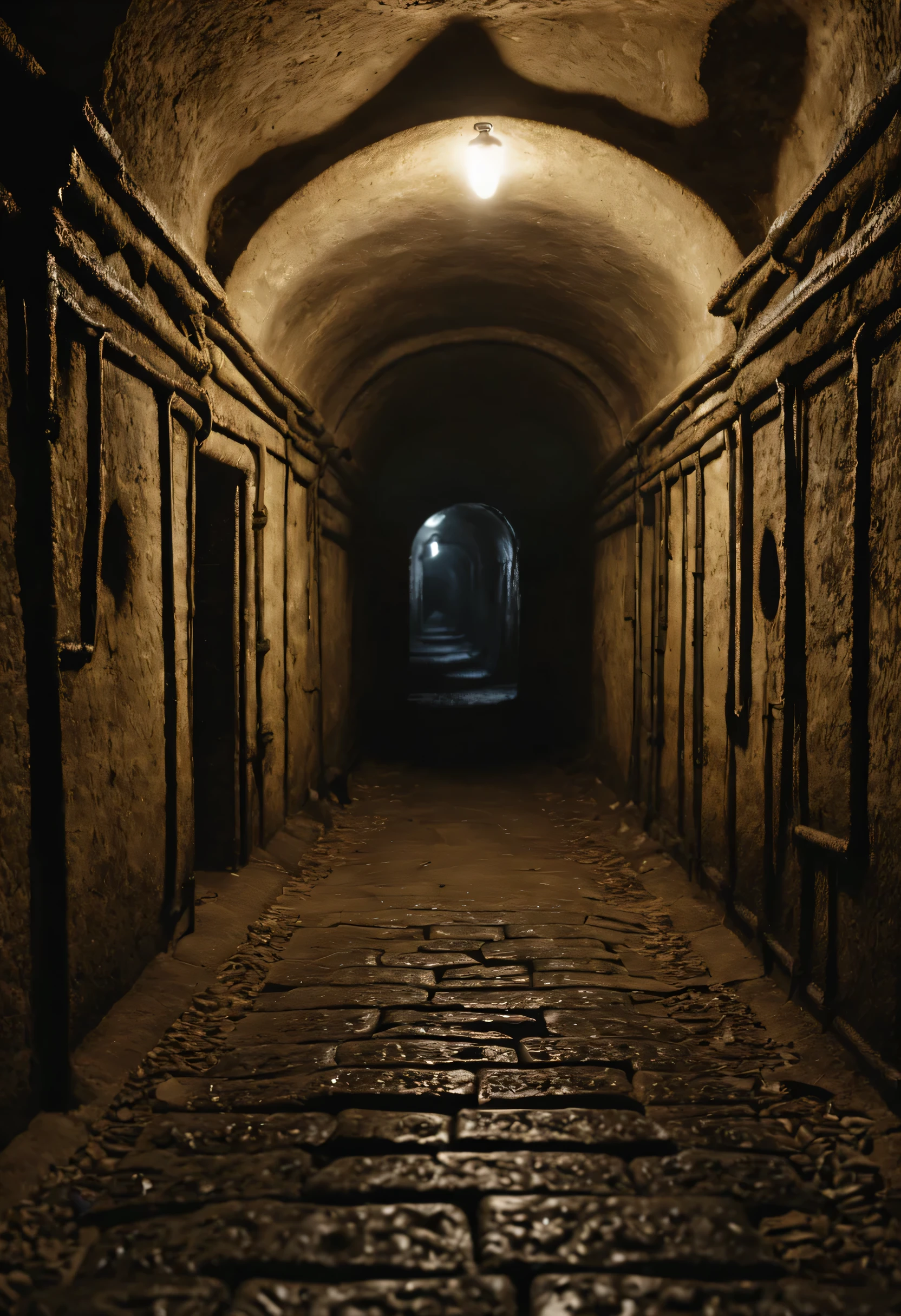 Interior of the Paris catacombs, dark and sinister lighting, the eerie atmosphere of the underground labyrinth, (best quality,8k,masterpiece:1.2),ultra-detailed,realistic