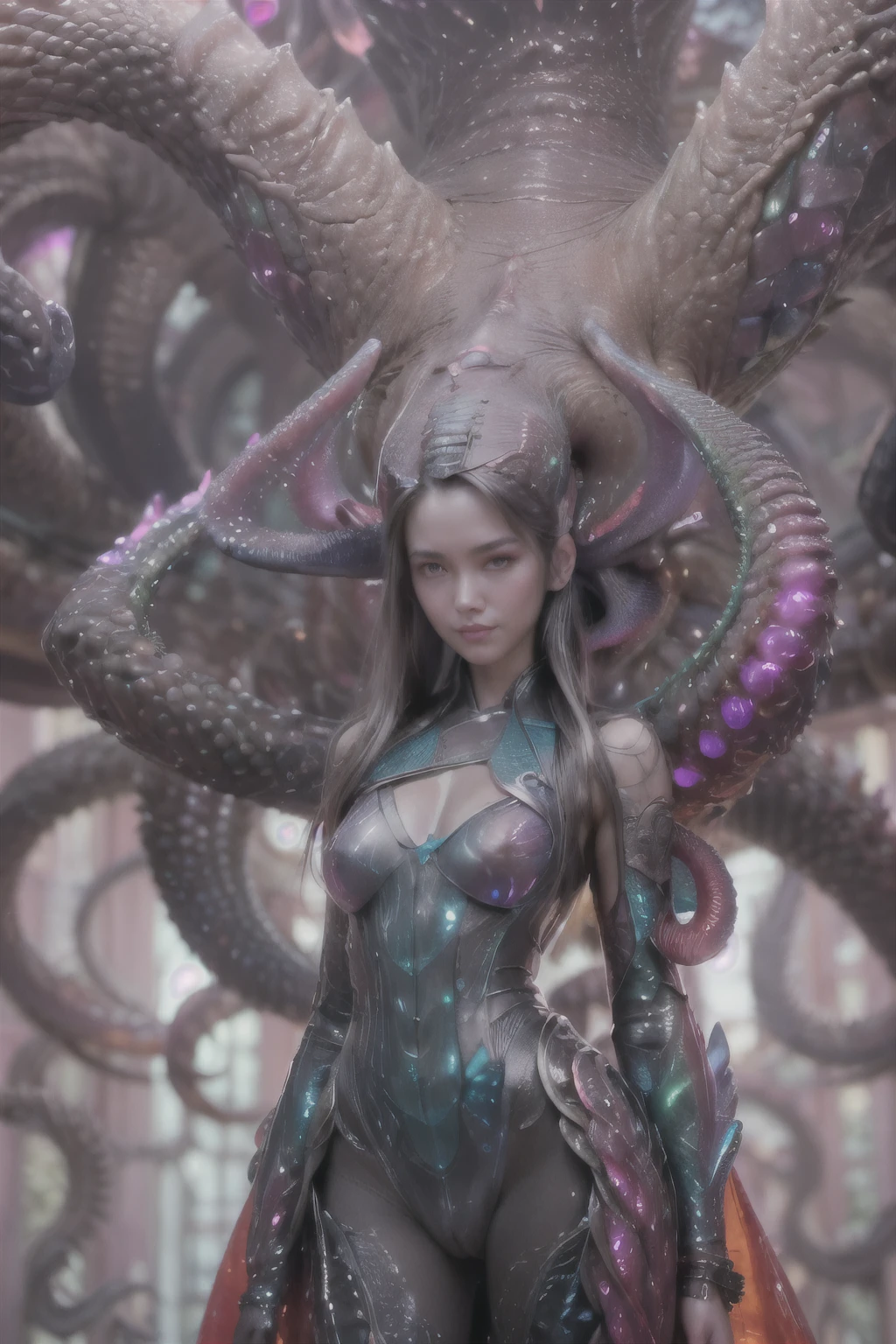 (1 beautiful and obscene female alien:1.4), (There is a female genital-like organ in the middle of her forehead:1.95), She has medusa-like hair, (there are lots of translucent tentacles from her head like her hair:1.5), (vulgarity1.7), (she is looking down at viewers with glowing red eyes with no pupils:1.6), (She has translucent pale skin:1.4),(She has the most beautiful face in the history of the universe:1.2), (She has multiple bioluminescent organs on the side of her tentacles:1.4), (Her body is covered with an iridescent exoskeleton:1.4), (She is showing her arm pits:1.6), an evil gaze that seduces, (looking down at viewers:1.4),(Vampire-like long canine teeth can be glimpsed through the gap between the cute lips:1.4) (bio luminescent:1.4), (Smile wickedly:1.3), (sexypose:1.4), alien, No humans, cells are fused, extraterrestrial, cell, bio image, ultra high resolution, (photos realistic:1.7), (Numerous award-winning masterpieces, with incredible detail, textures and maximum detail), Dramatic Lighting, cinematic quality, (exquisite details:1.2), High freshness, drawing faithfully, (Thick eyebrows:1.2), Beautiful eyes with fine symmetry,(Highly detailed face and eyes:1.2),(Super detailed skin quality feeling:1.4), perfect anatomy, (Beautiful toned body:1.5), (Moist skin:1.2), not wearing makeup, (dark circles:1.1), long canines, cinematic drawing of characters, cinematic quality, (exquisite details:1.2), high resolution, High freshness, drawing faithfully, official art, Unity 8K Wall paper, ultra detailed artistic photography, midnight aura, unreal engine 5, Ultra Sharp Focus, art by Amano Yoshitaka, ArtGerm, ultra realistic realism, dream-like, Creation of fantasy, dream Snail, (biopunk nautilus:1.3),Thrilling color schemes, seductively smiling, Amazing mutation, well-proportioned body, goddess of the deep sea, fractal, Geometric pattern, impossible figures, subtle emerald green accents, (expression of ecstasy:1.4), (beautiful small breast and nipples:1.2)