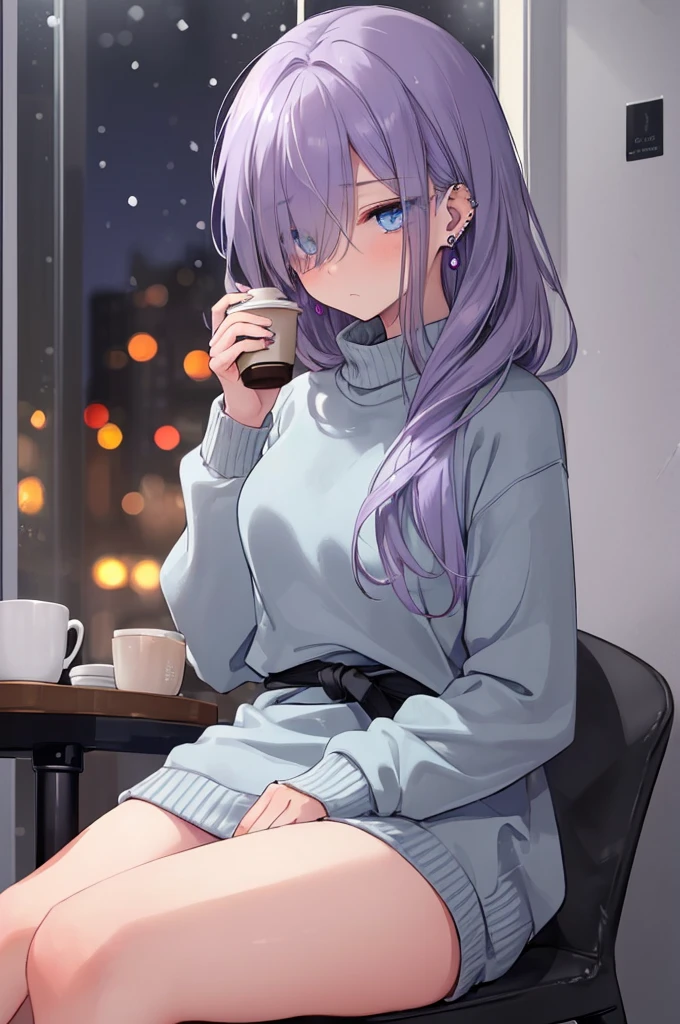 ((masterpiece:1.4, best quality:1.2)), 1girl, solo focus, beautiful skin, blush, grey sweatshirt, long Violet hair, blue eyes, sitting, earrings, Hands piercing, coffee shop window, night, snowing, cityscape, tall female, beautiful and delicate female, comfy ambience, {detailed background}, hair over one eye, shy, sexy female genitalia