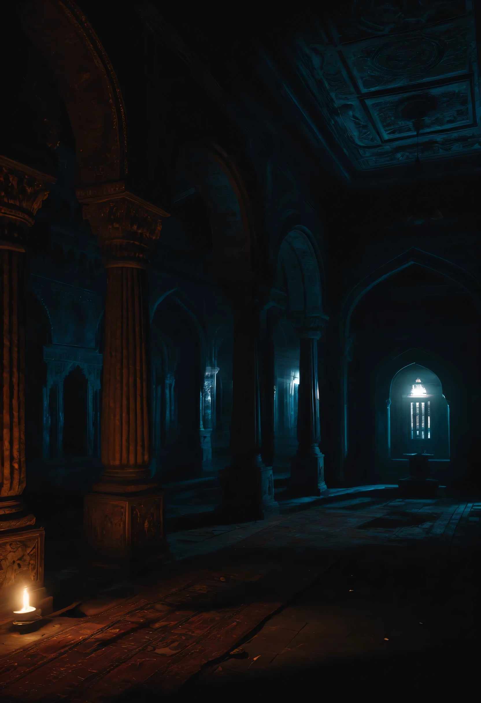a beautiful yet haunted Indian Palace, dark and sinister lighting, eerie environment, Ghostly shadow, (best quality,8k,masterpiece:1.2),ultra-detailed,realistic