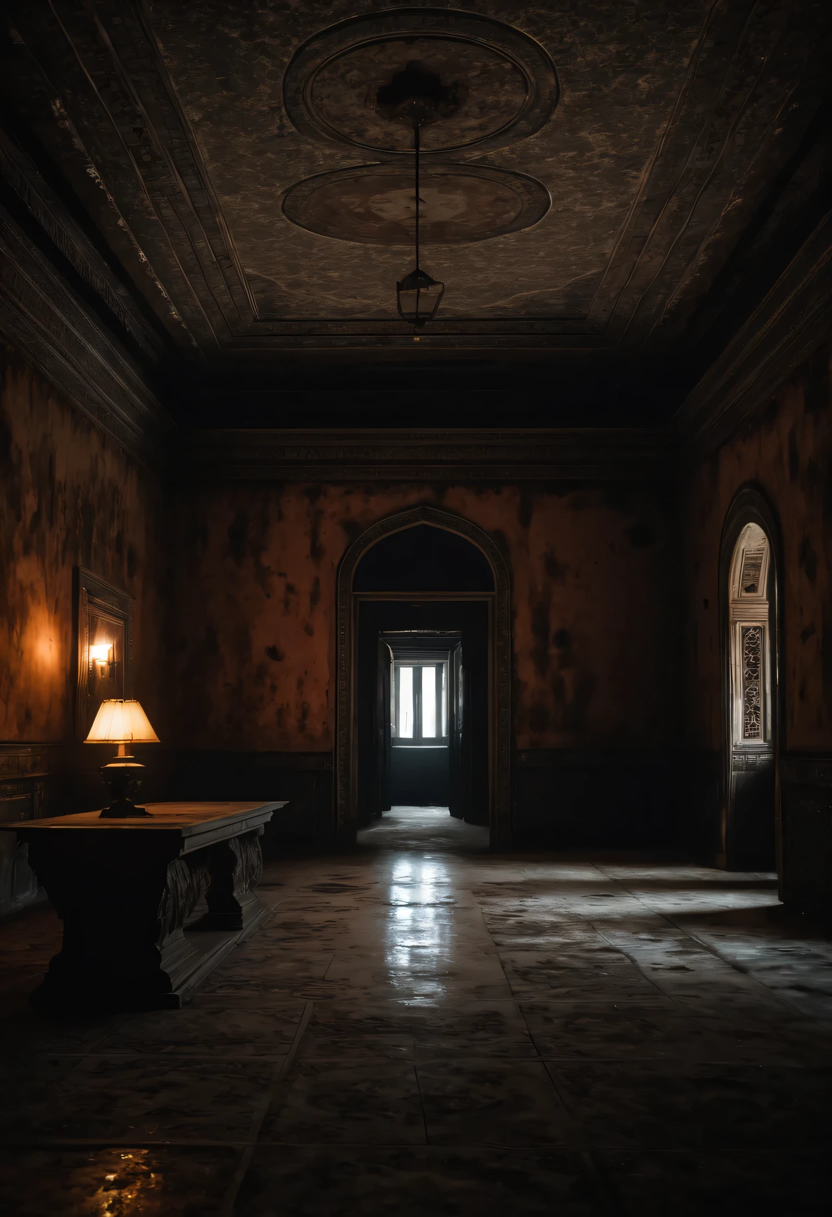a beautiful yet haunted Indian Palace, dark and sinister lighting, eerie environment, Ghostly shadow, (best quality,8k,masterpiece:1.2),ultra-detailed,realistic