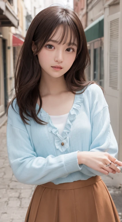 smile、night、original photo、(((ultimate beauty portrait)))、((glowing skin))、1 girl、Beautiful 15 year old girl from Prague、bright look、((brown hair))、()、(ruffle skirt:1.5)、((Big eyes that shine like jewels))、cardigan、open your clothes、plat、radiant and radiant skin、(medium hair)、(silk ponytail)、( permanent)、(from below)、under the skirt、(from below看内衣的特写)、eyeliner、beautiful bangs、hair between eyes、((masterpiece、quality、Super detailed、movie light、intricate details、High resolution、very detailed))、this background、8 cool、Digital single-lens reflex camera、soft light、高quality、film grain、XT3 、shallow vision deep vision、natural soft light、Kamimei、plump bust