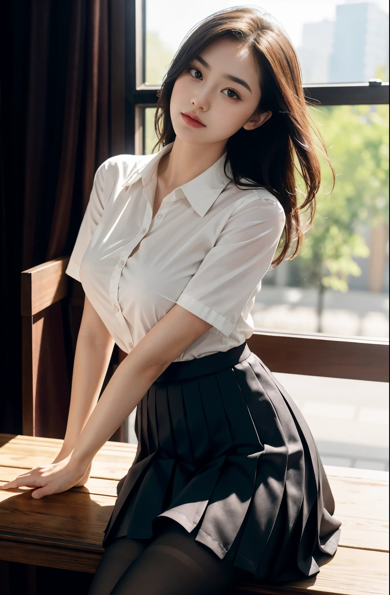 ultra actual 8k cg, picture-perfect face, flawless, Clean, masterpiece, professional artwork, famous artwork, perfect face, pretty face, beautiful Eye, ((perfect female body)), alone,(immersive atmosphere, chiaroscuro:1.5,bright light:1.2,Luminous lighting)
,,(blush:0.5),seductiveexpression,Very detailed_Eye,Thick thighs,big breasts,
Beautiful and detailed background,depth of field,actual:1.3, long shot,1 girl,shirt,pleated skirt, Uniforms, sitting, whole body,
(ambient light:1.3),(composition:1.3),(neon lights:0.1),(human development report:0.1),Accent lighting, white pantyhose,