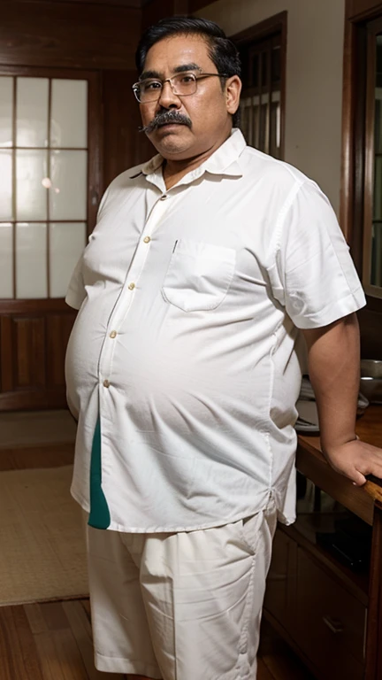 Fat malay oldman with indian looks, fat body, obese, double chin, full white moustache, full white short hair, he is about 90 years old, standing