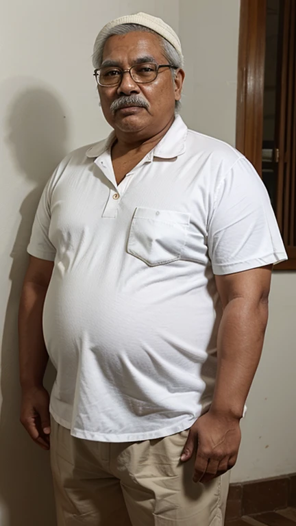 Fat malay oldman with indian looks, fat body, obese, double chin, full white moustache, full white short hair, he is about 90 years old, standing
