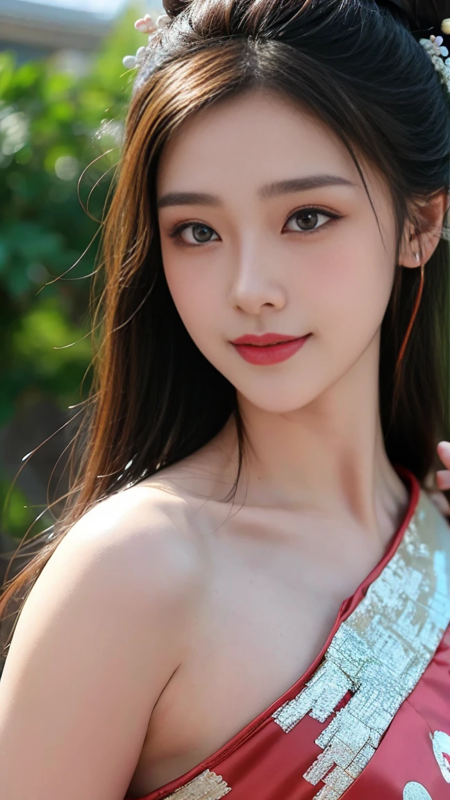 ancient chinese beauties，eyes clear and bright，Smile affectionately，Printed Hanfu，headgear，attic，Beautiful picture，4k