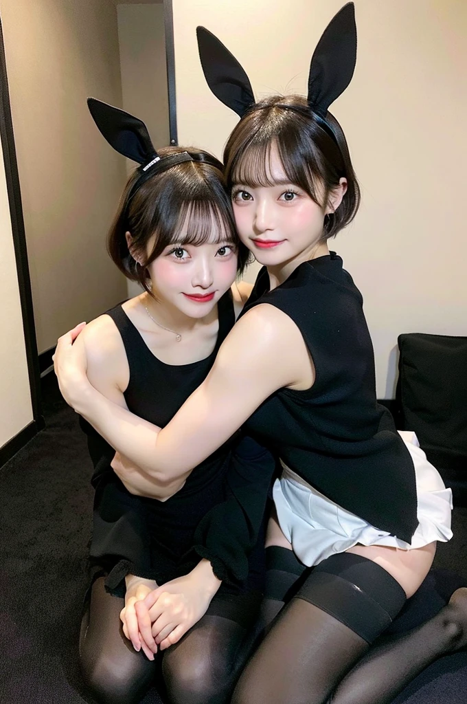 Bunny girl、black tights、two people hugging each other、best quality、masterpiece、ultra high resolution、(photo reality:1.4)、cute girl face、famous Japanese actress、very beautiful、(short hair)、leaning forward、So that the whole body is reflected、beautiful feet、Luxury apartment room、press your chest together