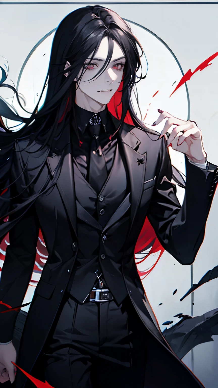 (best quality), 1man,Masculinity,One with long black hair,red eyes,vampire,Open your mouth to show your fangs,Gorgeous dark atmosphere, Wear a black suit,late night