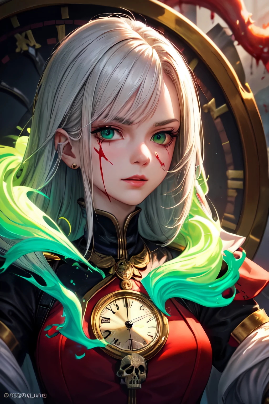 ((best quality)), ((masterpiece)), (detailed), perfect face, bloody, clock,green, poison, skull, green smoke, Create a portrait image for a character named Poisoner who is evil in a game called Blood on the Clock