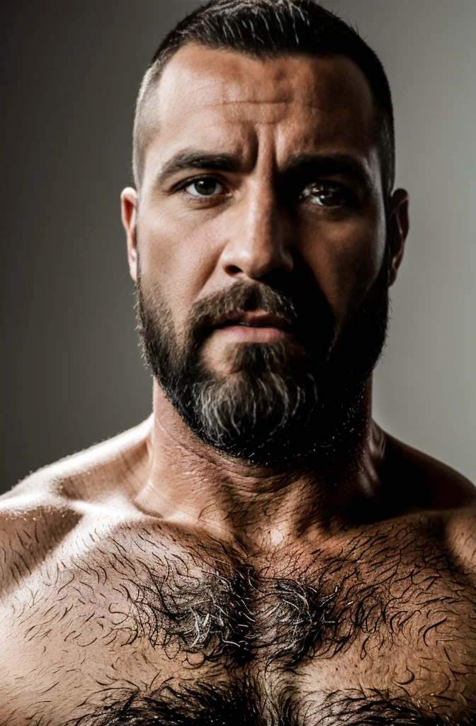 A muscular 40-year-old man portrait, wearing a white T-shirt and being naked, provocative, (best quality, 4k, highres, masterpiece:1.2), ultra-detailed, (realistic, photorealistic:1.37), strong body structure, defined muscles, intense gaze, rugged features, sculpted abs, dramatic lighting, seductive pose, vibrant colors, hiperrealism, 8k, bearded, Masculine.