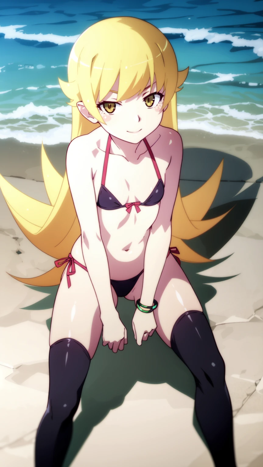 1girl, ppgzmmk, long hair, blonde hair, hair bow, blunt bangs, ponytail, red eyes, bright pupils, (FOCUS WEAR RED BIKINI ), jumping, smile, looking away, beach 