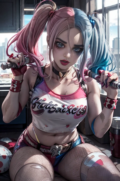 (Harley Quinn, harleyquinn:1.0), blonde pigtails with blue and pink ends, blue eyes, red lipstick, pink and blue eye shadow, heart on cheek, red and black crop top tank top, red and black bottoms, sneakers with pom pom, black necklace, pale white skin, (Cowboy-shot:1.2),neon lighting, dark romantic lighting, (highly detailed:1.2),(detailed face:1.2), (gradients), colorful, detailed eyes, (detailed landscape:1.2), (natural lighting:1.2),(detailed background),detailed landscape, (dynamic pose:1.2), close up, full body, waist up