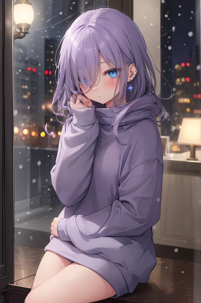((masterpiece:1.4, best quality:1.2)), 1girl, solo focus, beautiful skin, blush, grey sweatshirt, long Violet hair, blue eyes, sitting, earrings, Hands piercing, coffee shop window, night, snowing, cityscape, tall female, beautiful and delicate female, comfy ambience, {detailed background}, hair over one eye, shy, sexy female genitalia
