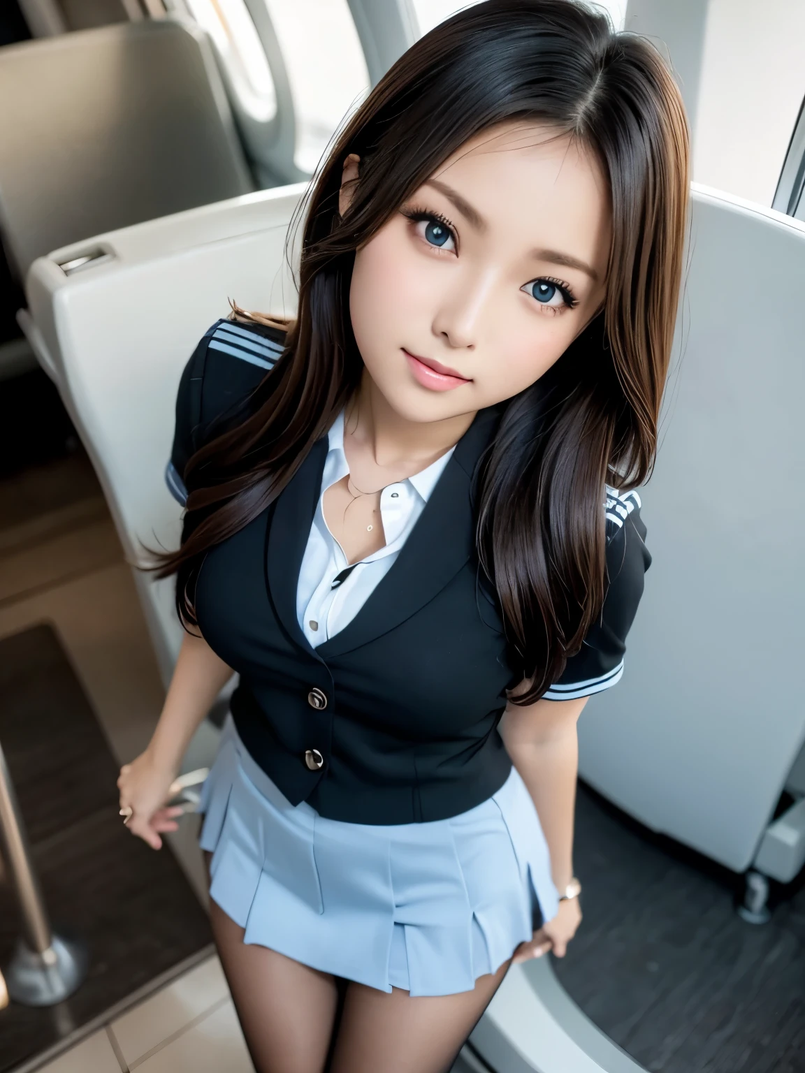 (table top:1.3, Photoreal:1.4, 8K), highest quality, masterpiece, ultra high resolution, perfect dynamic composition, big face、round face、((black hair:1.2、layered hair))、Highly detailed skin and facial textures:1.3, Detail of limbs, 1 girl, Cute sexy 22 year old woman, (tanned skin:1.2), tilt one&#39;s head, ((completely enchants you:0.9)), ((sky blue flight attendant uniform、Black pantyhose、tight mini skirt)),Medium chest, (Eyes Apart、beautiful eyes, Eyes that feel beautiful eros:0.85), sexy face:0.4, (closed mouth、small mouth、thick lips、A taste of beautiful eroticism:0.85), ((Too cute beauty:0.9))、gal makeup、forward leaning posture、((full body shot)), beautiful feet、Taken from above