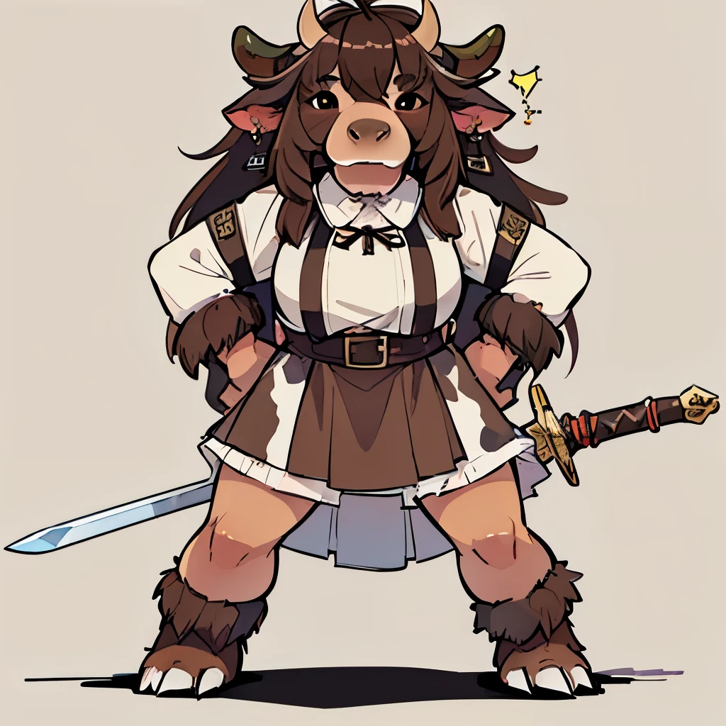 Brown minotaur, ((longsword)), (big), ((scary)), (((hairy))), (((((cow face))))), ((monster)), ((((minotaur)))), ((not human)), full body, bipedal, standing, strong, muscles, ((medieval clothing)), d&d, (medieval), hooves, tall, ((cow)), short shirt, skirt, closed mouth, (hand on hips), ((medieval blouse)), ((sword on the back)), earrings, piercing, (((dark skin))), (((brown skin)))
