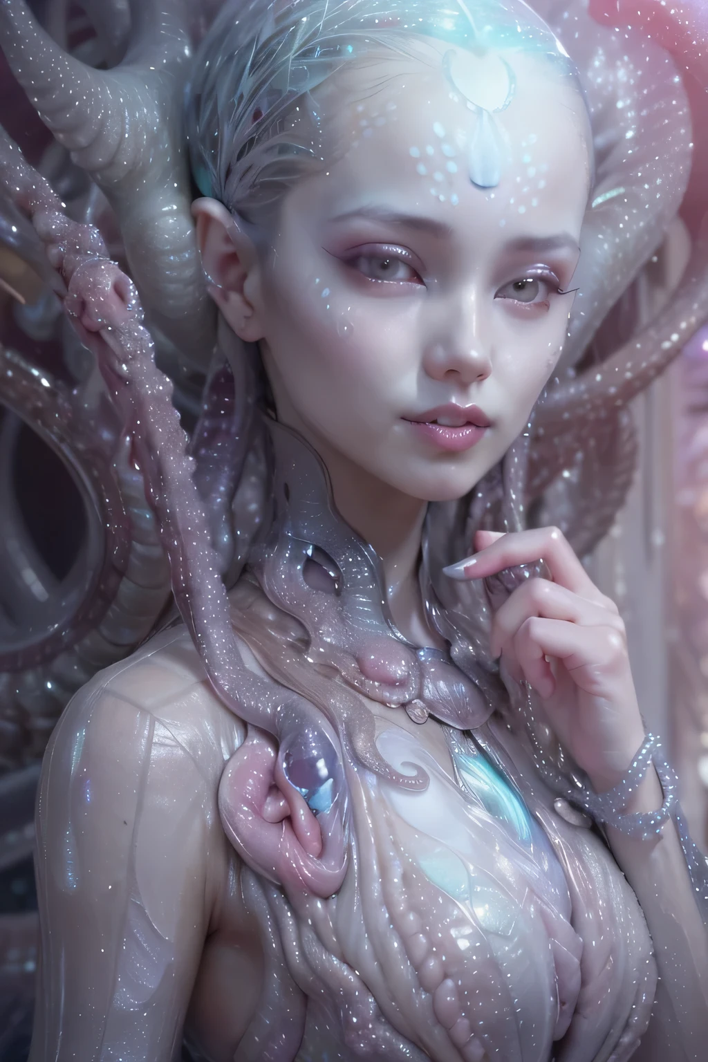 (A female Alien:1.2), extraordinary Beautiful face,  (There is a female genital-like organ in the middle of her forehead:1.6), seduces, red eyes, Full body like, A sexy alien, No humans, cells are fused, (Lots of white tentacles), (pale skin:1.3), extraterrestrial, cell, bio image, charming, Best Quality, 8K,4K_quality, high_Definition,Dramatic Lighting, masutepiece:1.5,cinematic quality, detail up, (Intricate details:1.2), high resolution, High Definition, drawing faithfully, (Thick eyebrows:1.2), (beautiful iridescent eyes:1.6), Beautiful eyes with fine symmetry, (Highly detailed face and eyes:1.2), (High-resolution iridescent eyes:1.4), (Super detailed skin quality feeling:1.4), Perfect Anatomy,  (Beautiful toned body:1.5),  (moist skin:1.2), No makeup, (dark circles:1.1), long canines, She has numerous bright colorful tentacles like thin white snakes from her head. She has long black claws, nude, NSFW