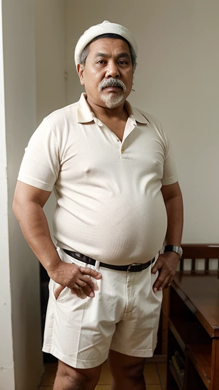 Fat malay oldman with indian looks, fat body, obese, double chin, full white moustache, full white short hair, he is about 90 years old, standing