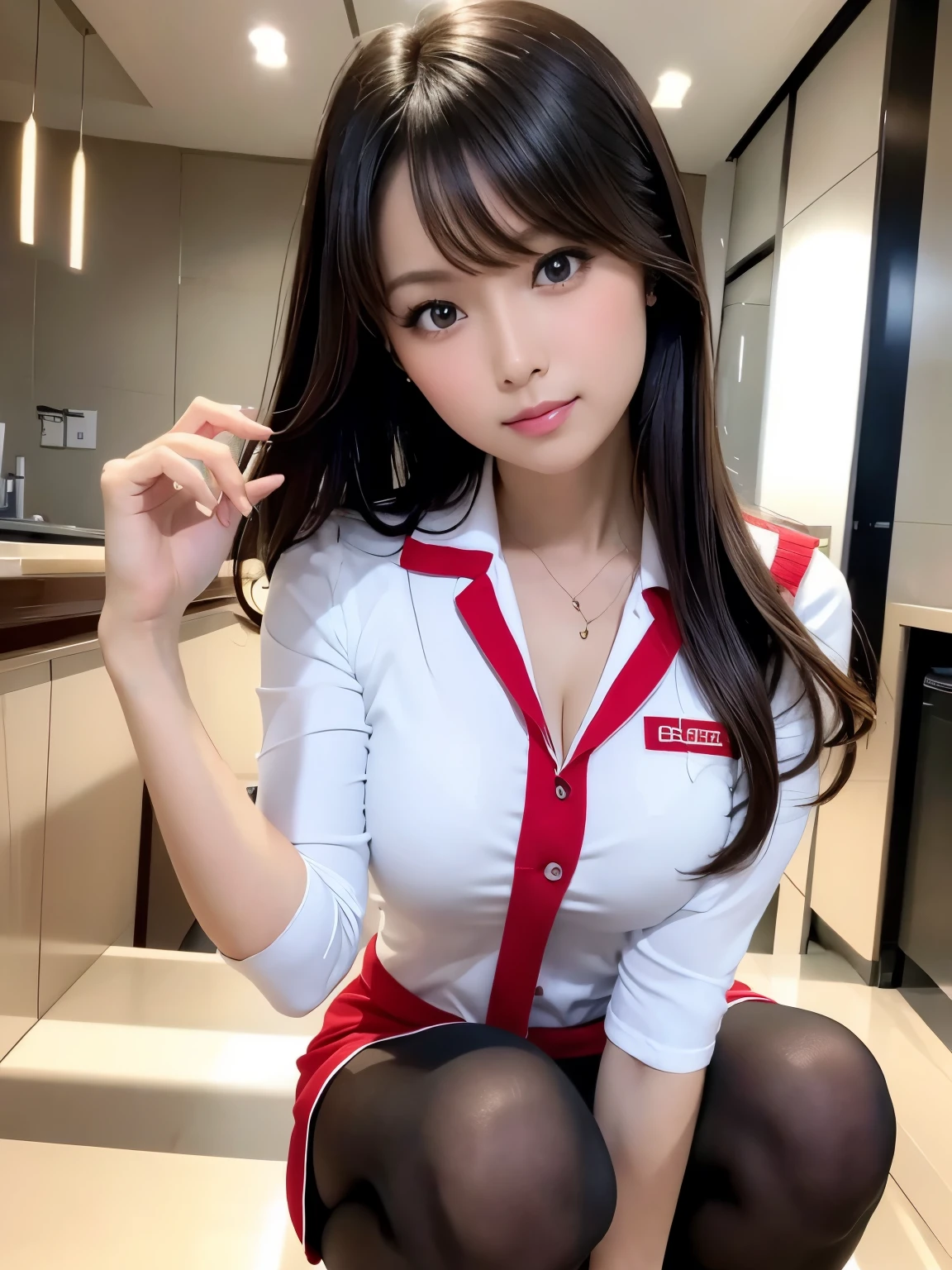 (table top:1.3, Photoreal:1.4, 8K), highest quality, masterpiece, ultra high resolution, perfect dynamic composition, big face、round face、((black hair:1.2、layered hair))、Highly detailed skin and facial textures:1.3, Detail of limbs, 1 girl, Cute sexy 22 year old woman, (tanned skin:1.2), tilt one&#39;s head, ((completely enchants you:0.9)), ((sky blue flight attendant uniform、Black pantyhose、tight mini skirt)),Medium chest, (Eyes Apart、beautiful eyes, Eyes that feel beautiful eros:0.85), sexy face:0.4, (closed mouth、small mouth、thick lips、A taste of beautiful eroticism:0.85), ((Too cute beauty:0.9))、gal makeup、forward leaning posture、((full body shot)), beautiful feet、Taken from above