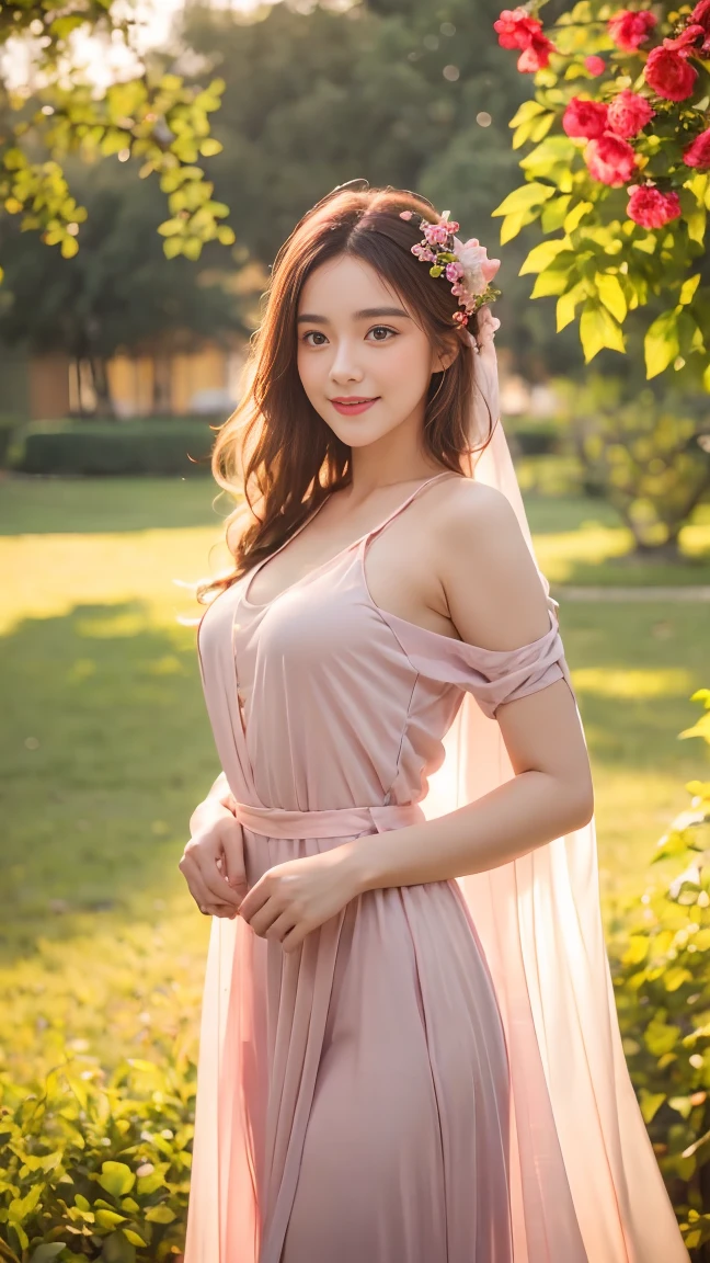 A beautiful smile woman in a pastel luxury pastel reď chiffon dress look ahead, dances in the red roses garden in a fairy tale, a high quality hyper realistic yet artsy painting, winner of the cgsociety competition, beautiful light composition, beautiful angle, smooth movement, winning photo, cute photo, powerful photo, backlit, Cosplay, bogeh background