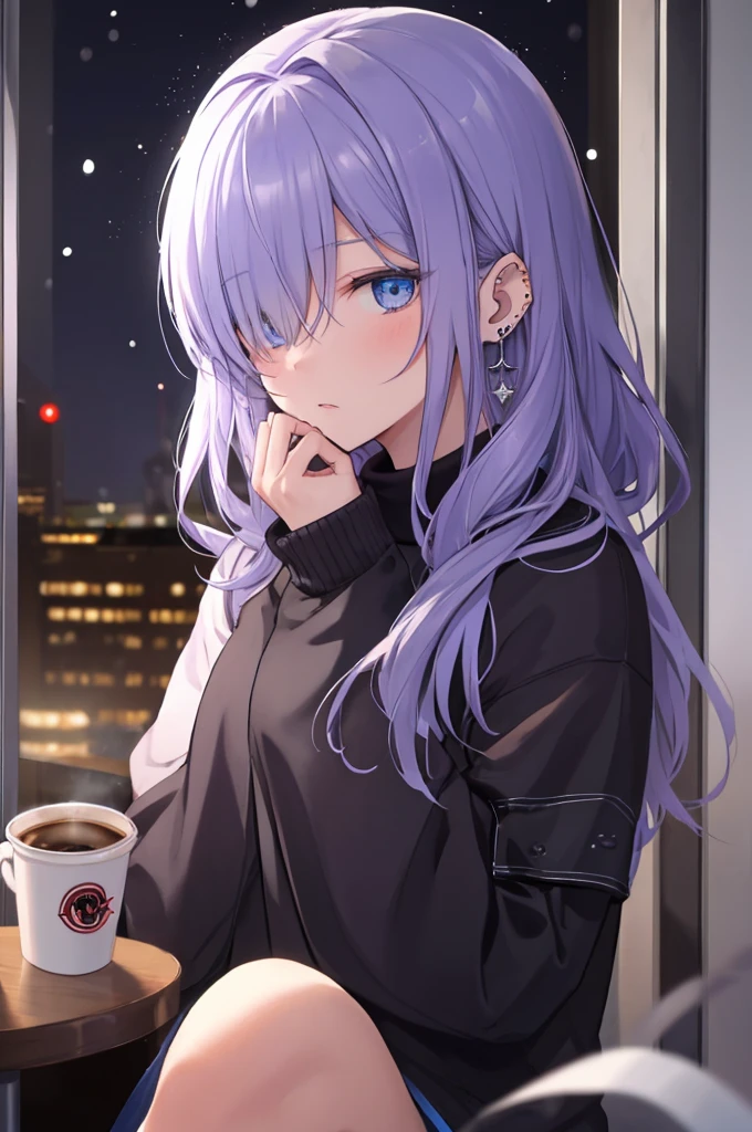 ((masterpiece:1.4, best quality:1.2)), 1girl, solo focus, beautiful skin, blush, grey sweatshirt, long Violet hair, blue eyes, sitting, earrings, Hands piercing, coffee shop window, night, snowing, cityscape, tall female, beautiful and delicate female, comfy ambience, {detailed background}, hair over one eye, shy, sexy female genitalia
