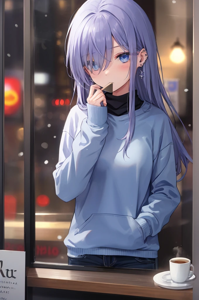 ((masterpiece:1.4, best quality:1.2)), 1girl, solo focus, beautiful skin, blush, grey sweatshirt, long Violet hair, blue eyes, sitting, earrings, Hands piercing, coffee shop window, night, snowing, cityscape, tall female, beautiful and delicate female, comfy ambience, {detailed background}, hair over one eye, shy, sexy female genitalia