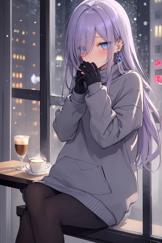 ((masterpiece:1.4, best quality:1.2)), 1girl, solo focus, beautiful skin, blush, grey sweatshirt, long Violet hair, blue eyes, sitting, earrings, Hands piercing, coffee shop window, night, snowing, cityscape, tall female, beautiful and delicate female, comfy ambience, {detailed background}, hair over one eye, shy, sexy female genitalia