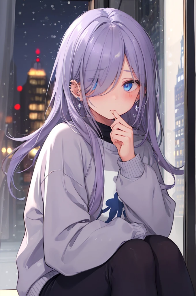 ((masterpiece:1.4, best quality:1.2)), 1girl, solo focus, beautiful skin, blush, grey sweatshirt, long Violet hair, blue eyes, sitting, earrings, Hands piercing, coffee shop window, night, snowing, cityscape, tall female, beautiful and delicate female, comfy ambience, {detailed background}, hair over one eye, shy, sexy female genitalia