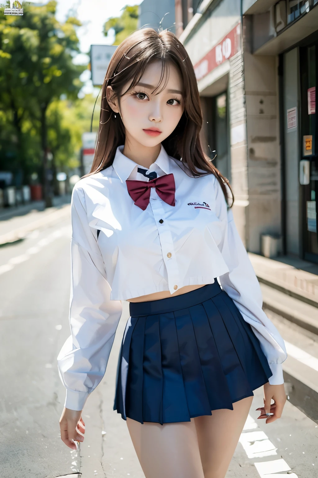 (beautiful eyes), (school uniform mini skirt:1.4), Place your hands on your legs, big breasts, thin legs, (masterpiece, best quality, actual:1.3), 1 girl, alone, Perfectly proportioned figure, delicate eyes, kpop idol, Korean beautifying postures], 18 years old Korean student, White skin, big breasts, Chestless_clothing, absolute_Good memories, thigh_band, split_cut out